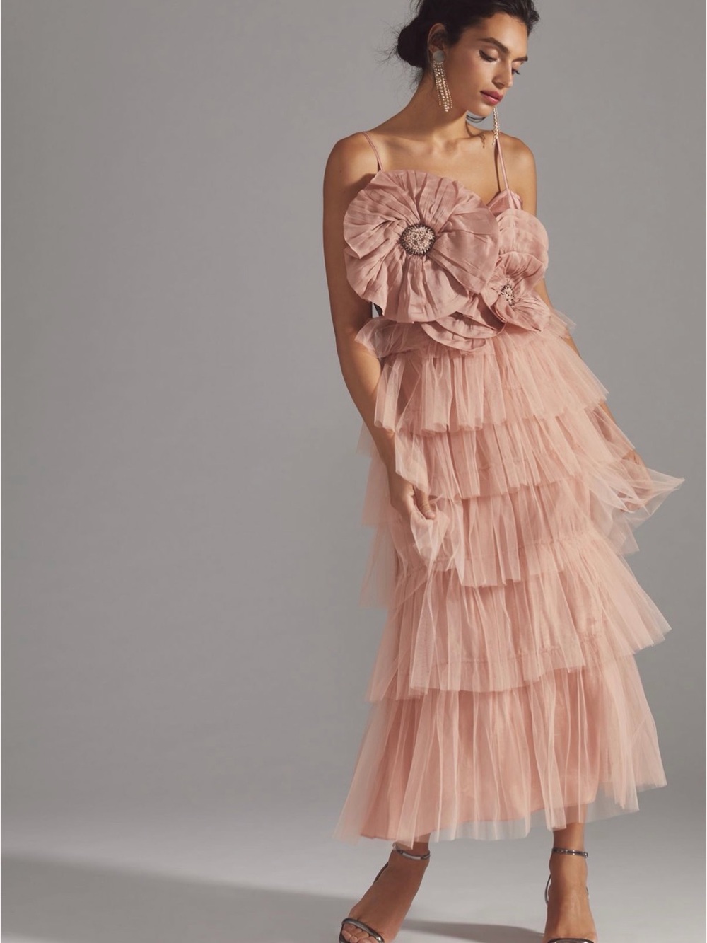 NWT Anthropologie Kavita Bhartia Rosette Tiered Tulle Gown - champagne pink - Picture 5 of 8